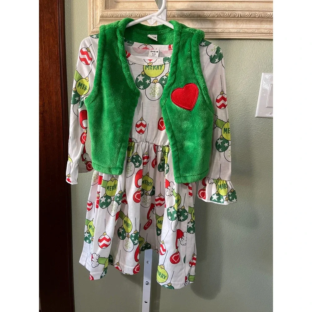 Girl's Festive Christmas Green Fluffy Vest Ornaments White Dress Size 4Y Used